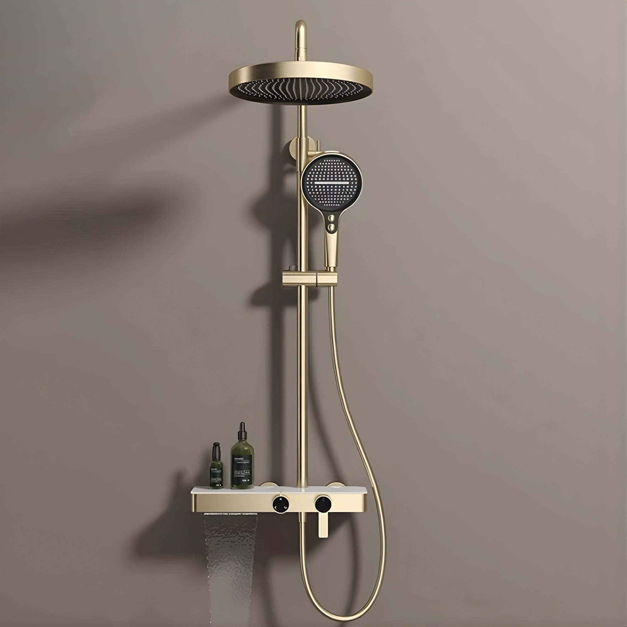 Colonne De Douche Thermostatique Dorée Avec Tablette