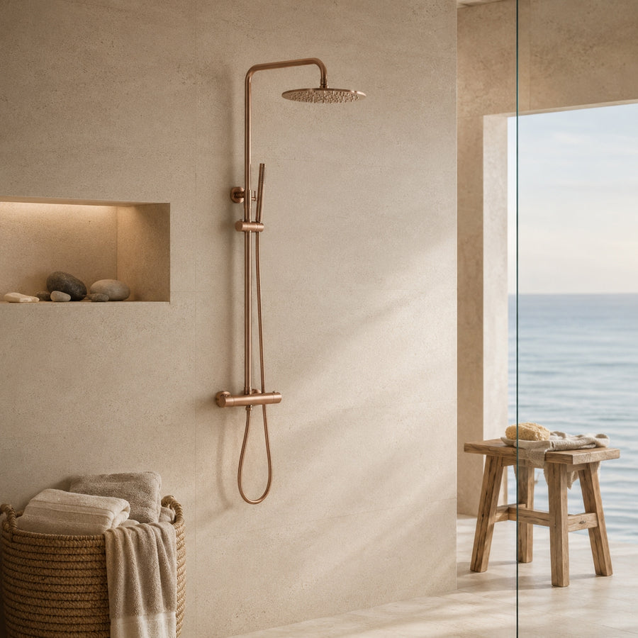 Colonne de Douche Murale Stellia Or Rose Brossé Thermostatique — Laiton Massif