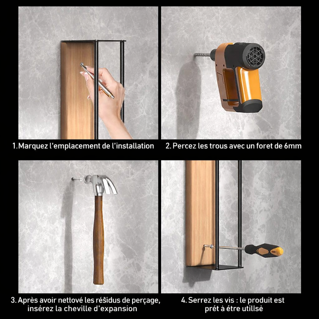 Porte-serviettes mural modulable en bois et métal | Rangement serviettes salle de bain