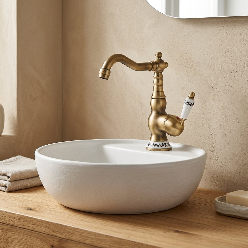 Robinet Lavabo Rétro Laiton Antique Bec Pivotant — Finition Céramique