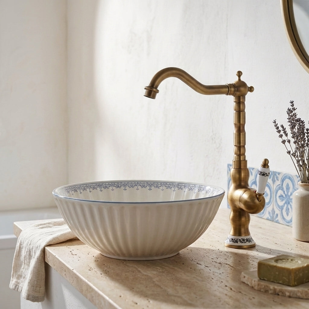 Robinet Lavabo Rétro Laiton Antique Bec Pivotant — Finition Céramique