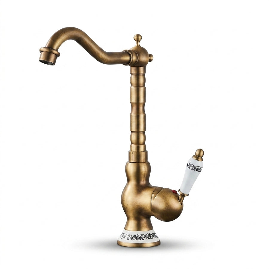 Robinet Lavabo Rétro Laiton Antique Bec Pivotant — Finition Céramique
