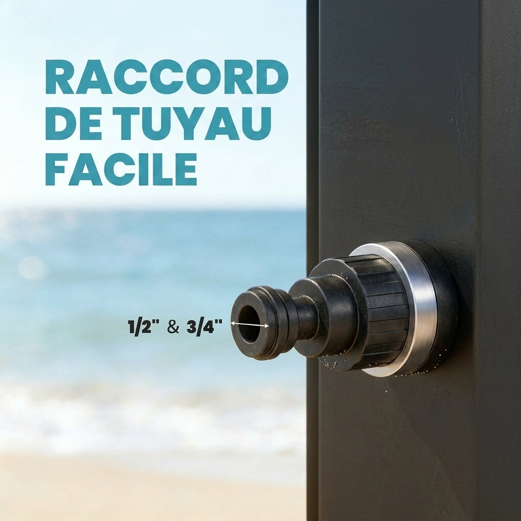 Douche Solaire de Jardin 60L Noire — Douchette, Rince-Pieds et Température Réglable