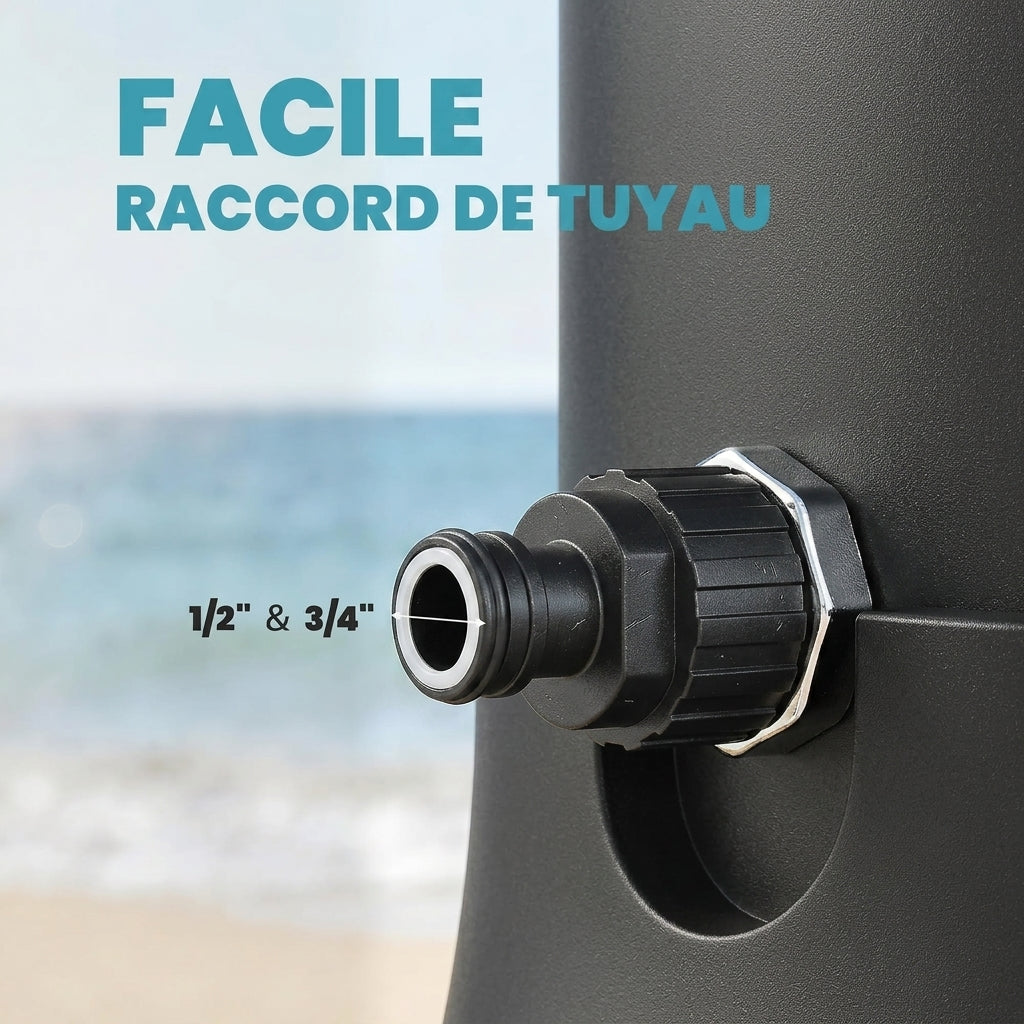 Douche Solaire de Jardin 40L Noire — Douchette, Rince-Pieds et Température Réglable