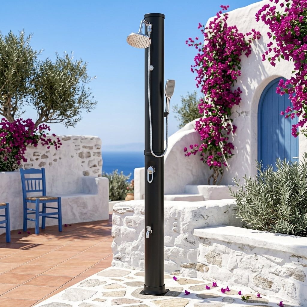 Douche Solaire de Jardin 40L Noire — Douchette, Rince-Pieds et Température Réglable