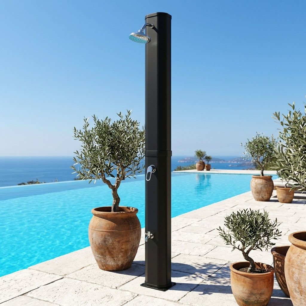 Douche Solaire Extérieure 40L — Pommeau Pluie 360°, Lave-Pieds, Mitigeur