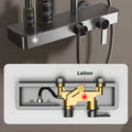 Détail des commandes thermostatiques et de la tablette de la colonne de douche Talos