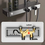 Détail des commandes thermostatiques et de la tablette de la colonne de douche Talos