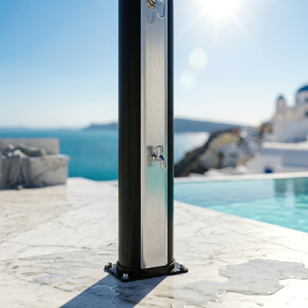 Douche Solaire Extérieure 40L — Pommeau Pluie 360°, Lave-Pieds, Mitigeur