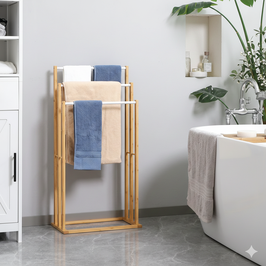 Porte-serviette sur pied en bambou 3 barres acier