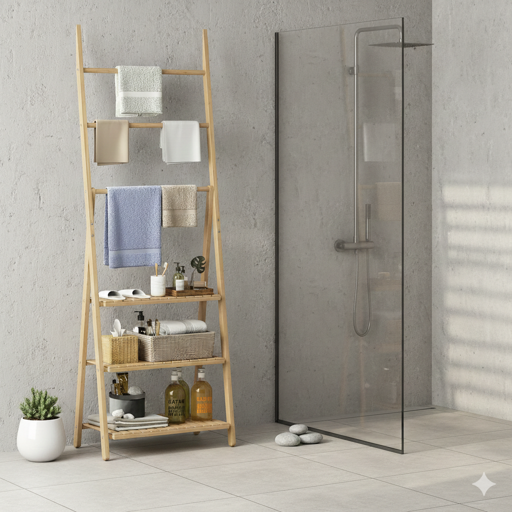 Porte-serviette échelle en bambou avec 3 étagères pliable