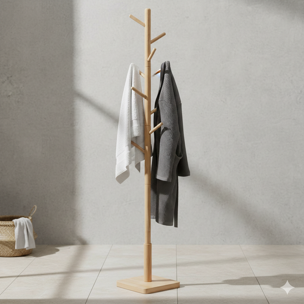 Porte-serviette sur pied en bois massif | 8 crochets réglable 3 hauteurs