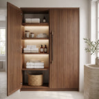 Poignée Lyra laiton sur armoire en bois cannelé