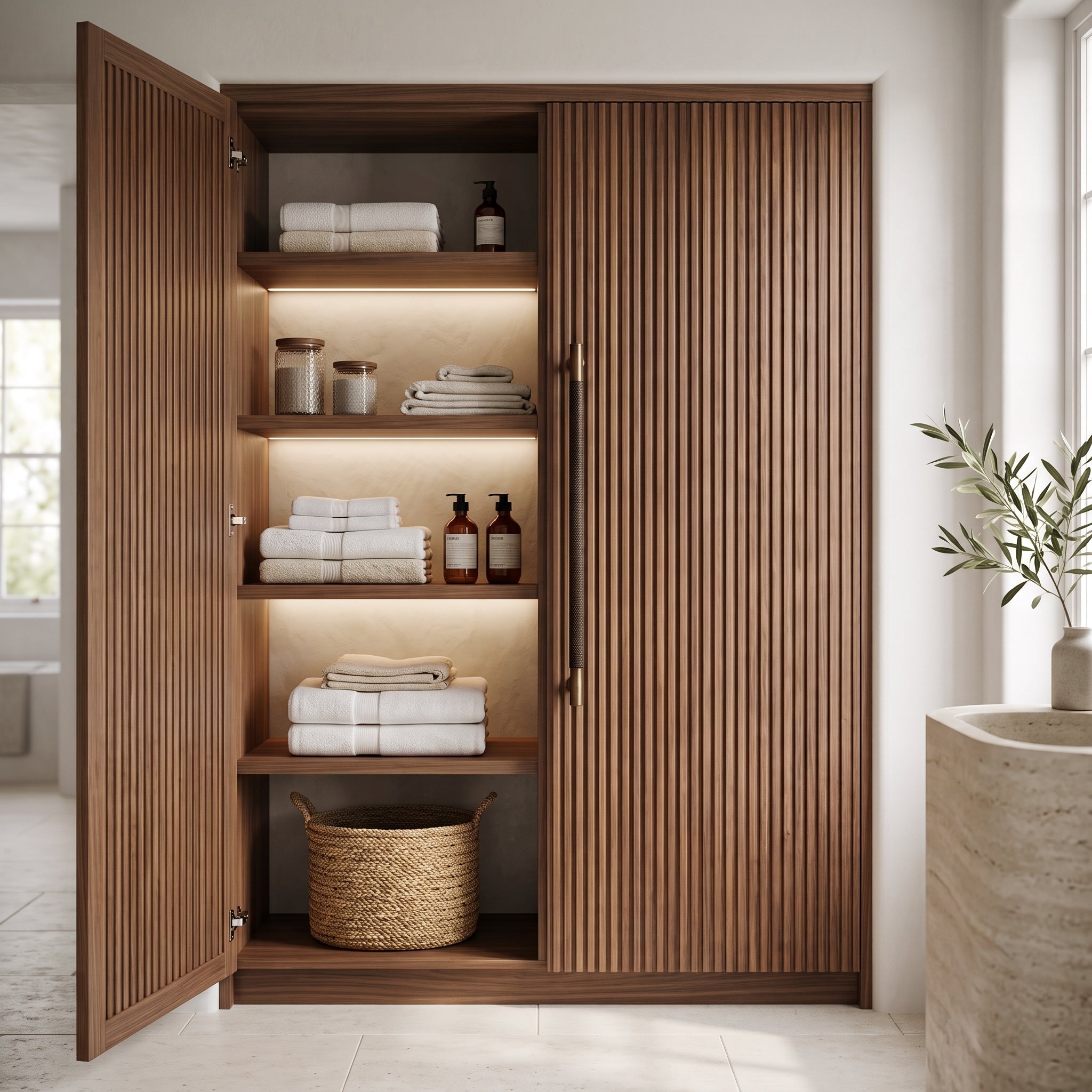 Poignée Lyra laiton sur armoire en bois cannelé