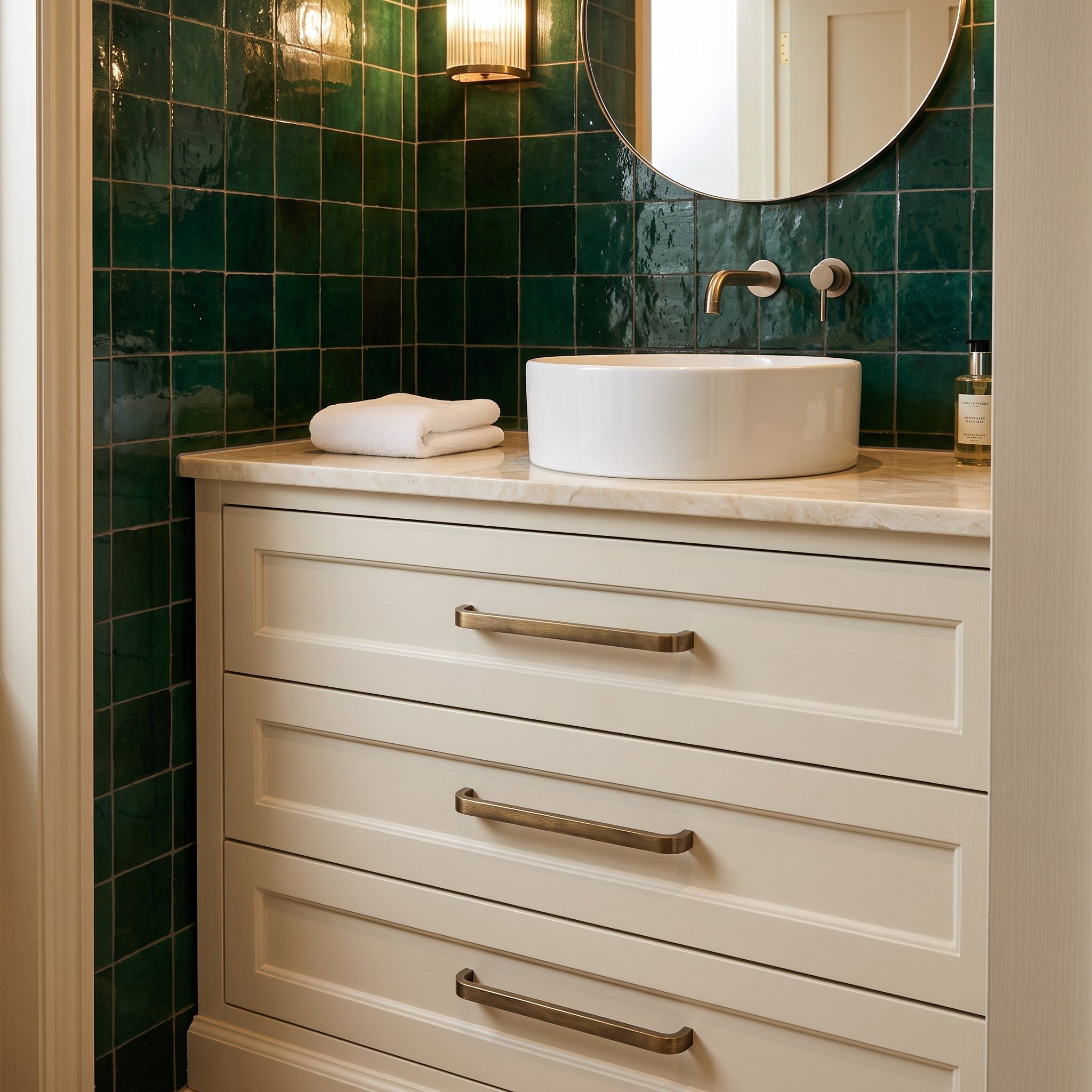 Salle de bain zellige — meuble avec poignées Arco