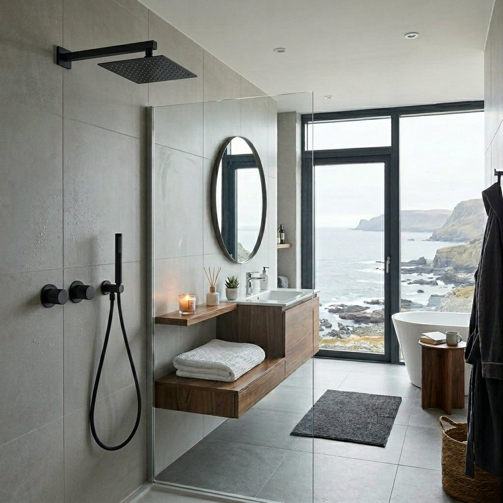Colonne de Douche Encastrée Vael Noir Mat Laiton — Pommeau Pluie 250×250 mm