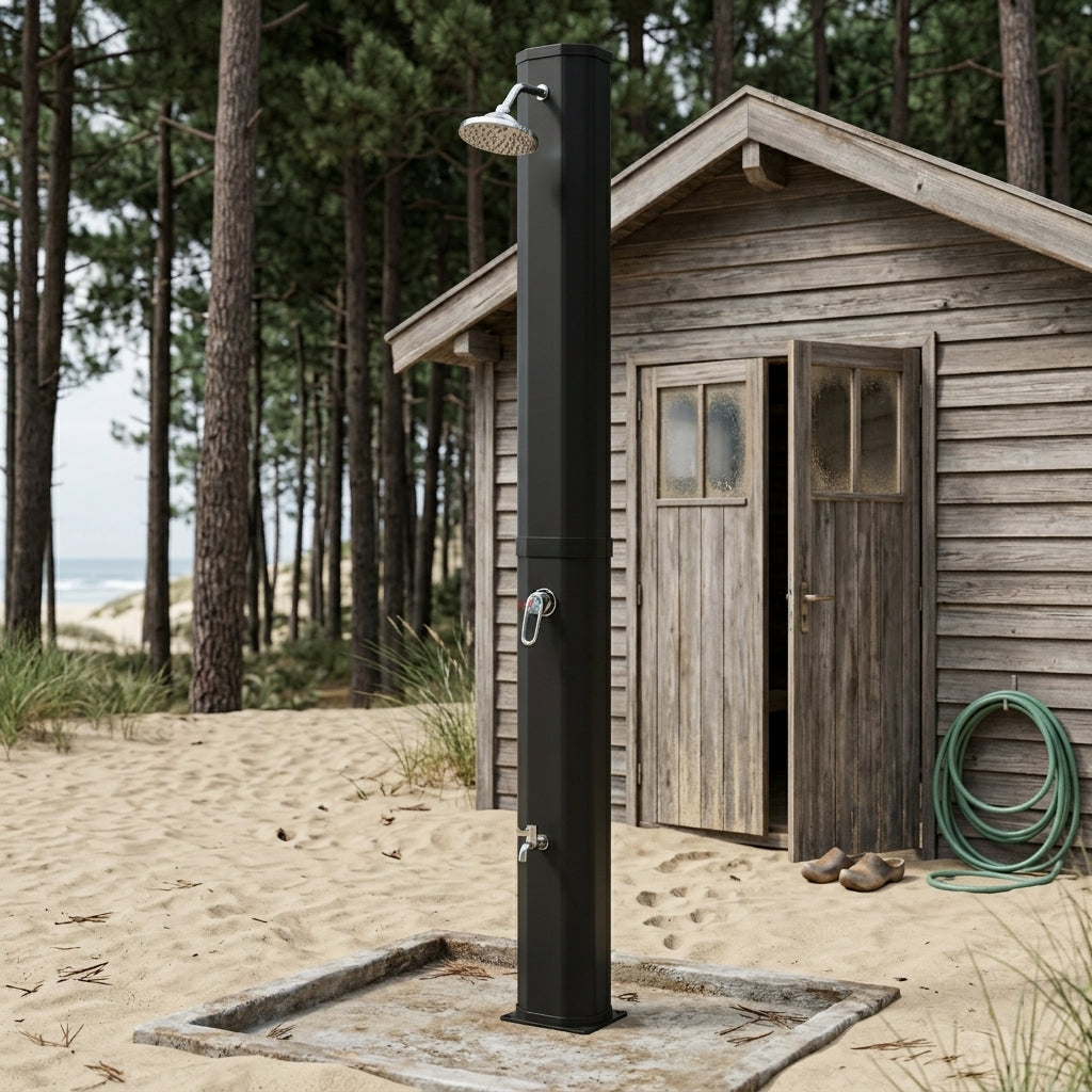 Douche Solaire Extérieure 40L — Pommeau Pluie 360°, Lave-Pieds, Mitigeur