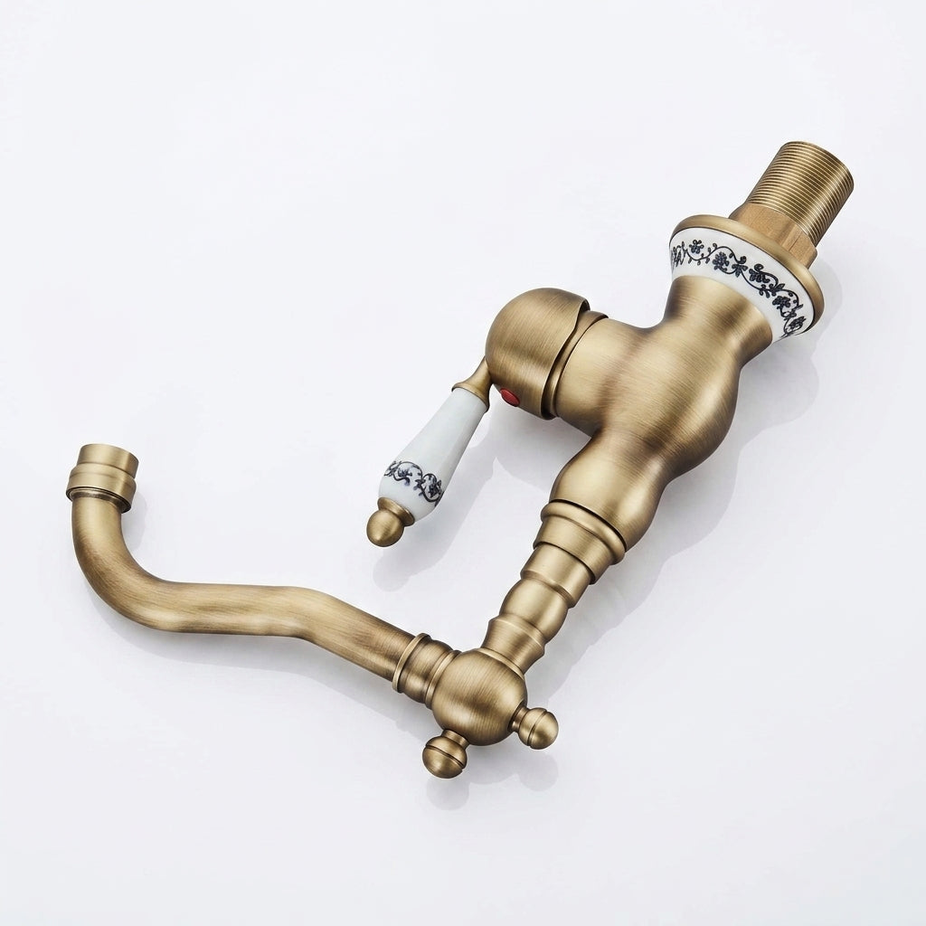 Robinet Lavabo Rétro Laiton Antique Bec Pivotant — Finition Céramique