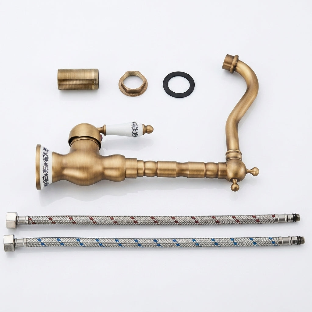 Robinet Lavabo Rétro Laiton Antique Bec Pivotant — Finition Céramique