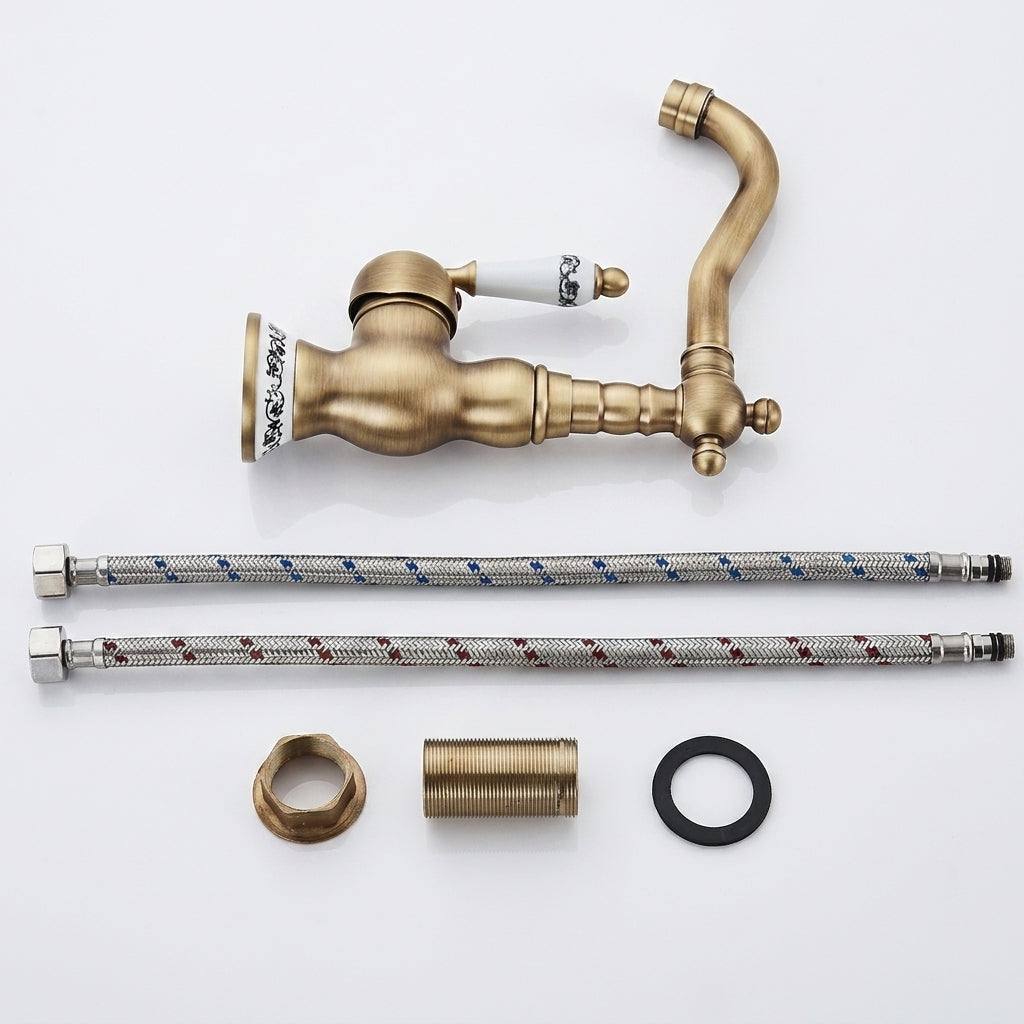 Robinet Lavabo Rétro Laiton Antique Bec Pivotant — Finition Céramique