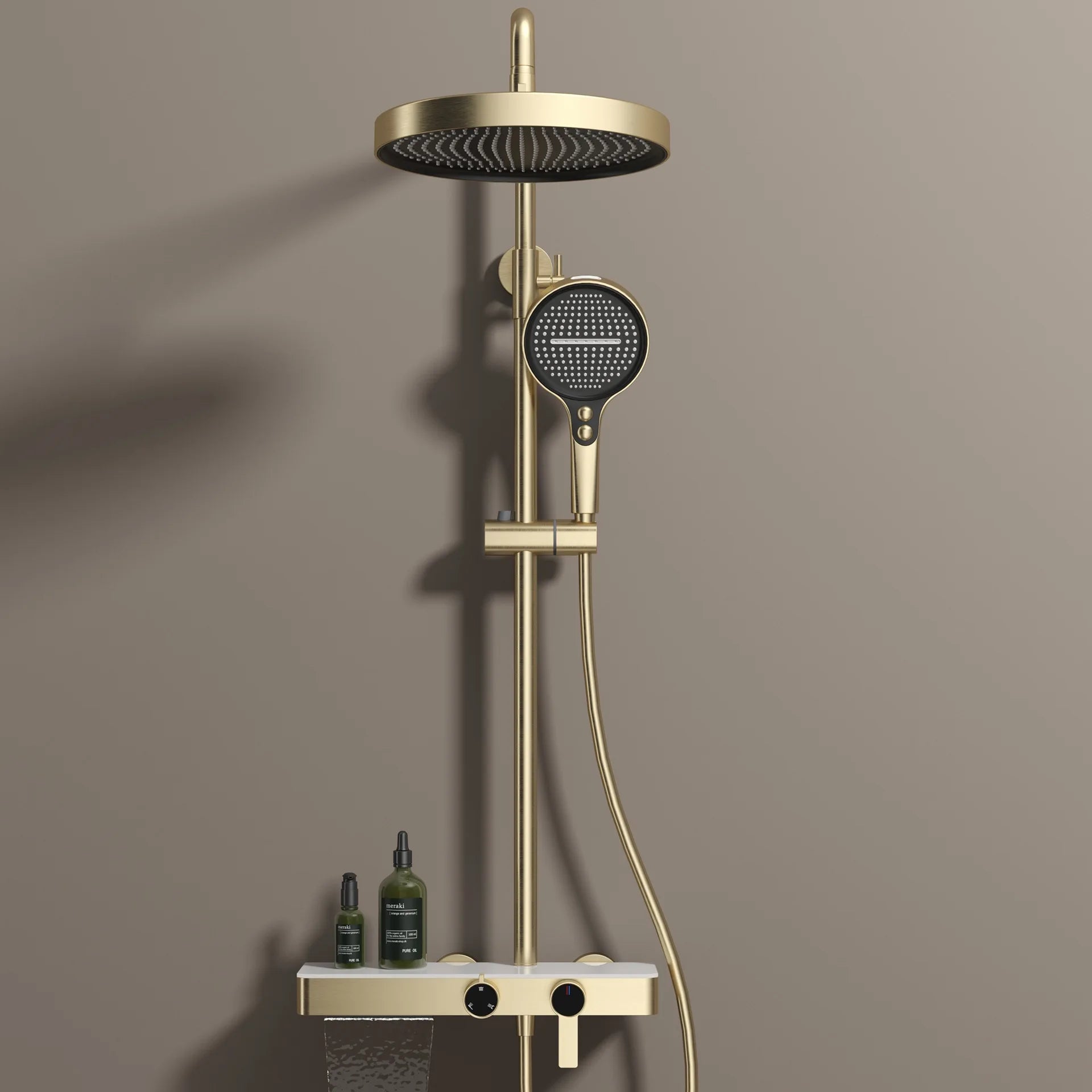 Colonne De Douche Thermostatique Dorée Avec Tablette