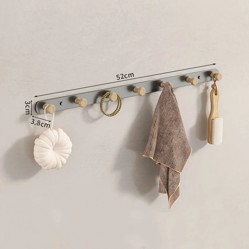 Porte-serviettes mural en acier et bois | Rail à crochets pour salle de bain