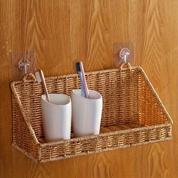 Panier Mural Salle de Bain Rotin avec Crochets