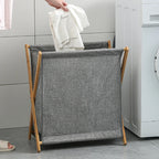 Panier à Linge Pliable Bois et Tissu