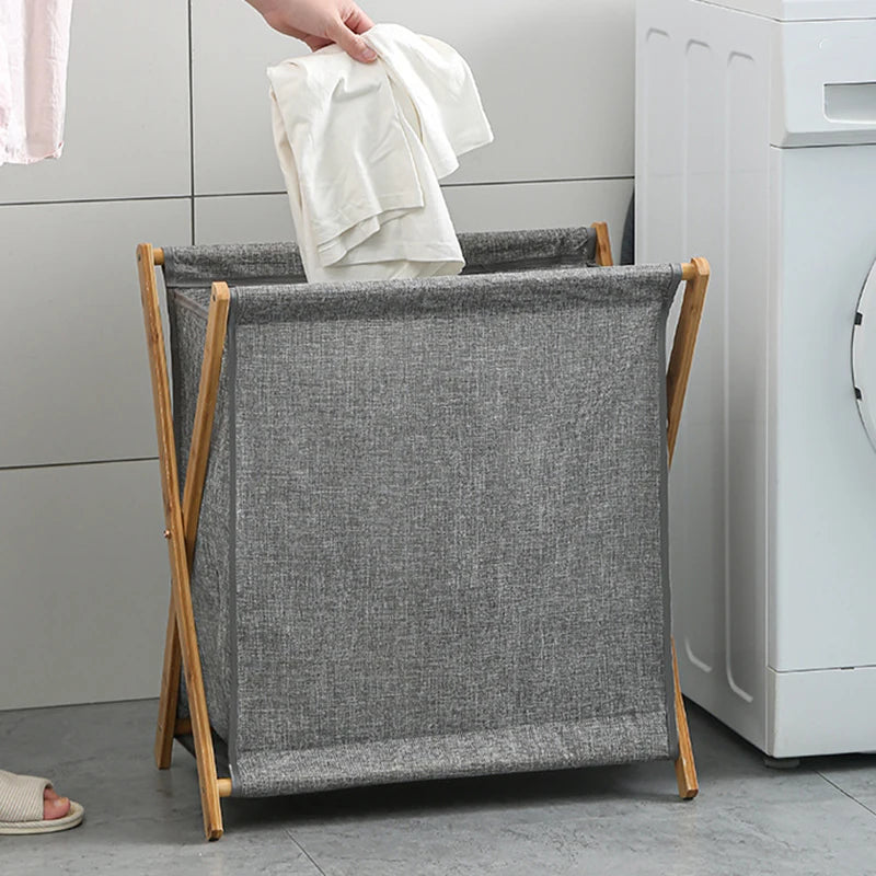 Panier à Linge Pliable Bois et Tissu