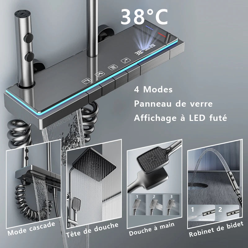 Colonne de Douche Thermostatique LED avec Panneau Verre