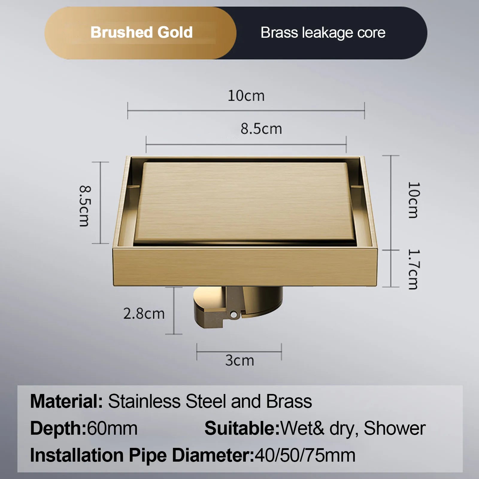 Bonde de Douche Carrée 10x10 cm Anti-Retour