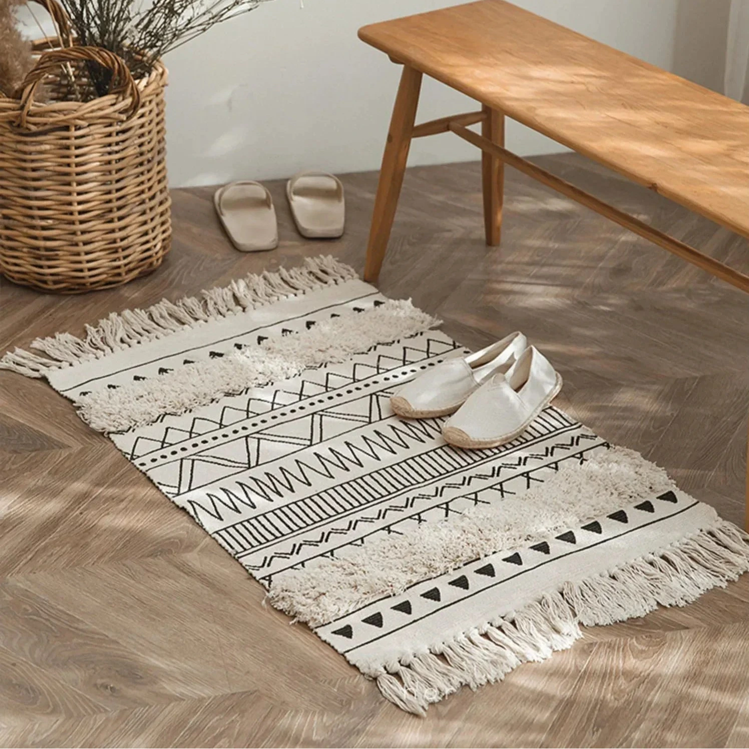 Tapis Géométrique à Franges Style Nordique