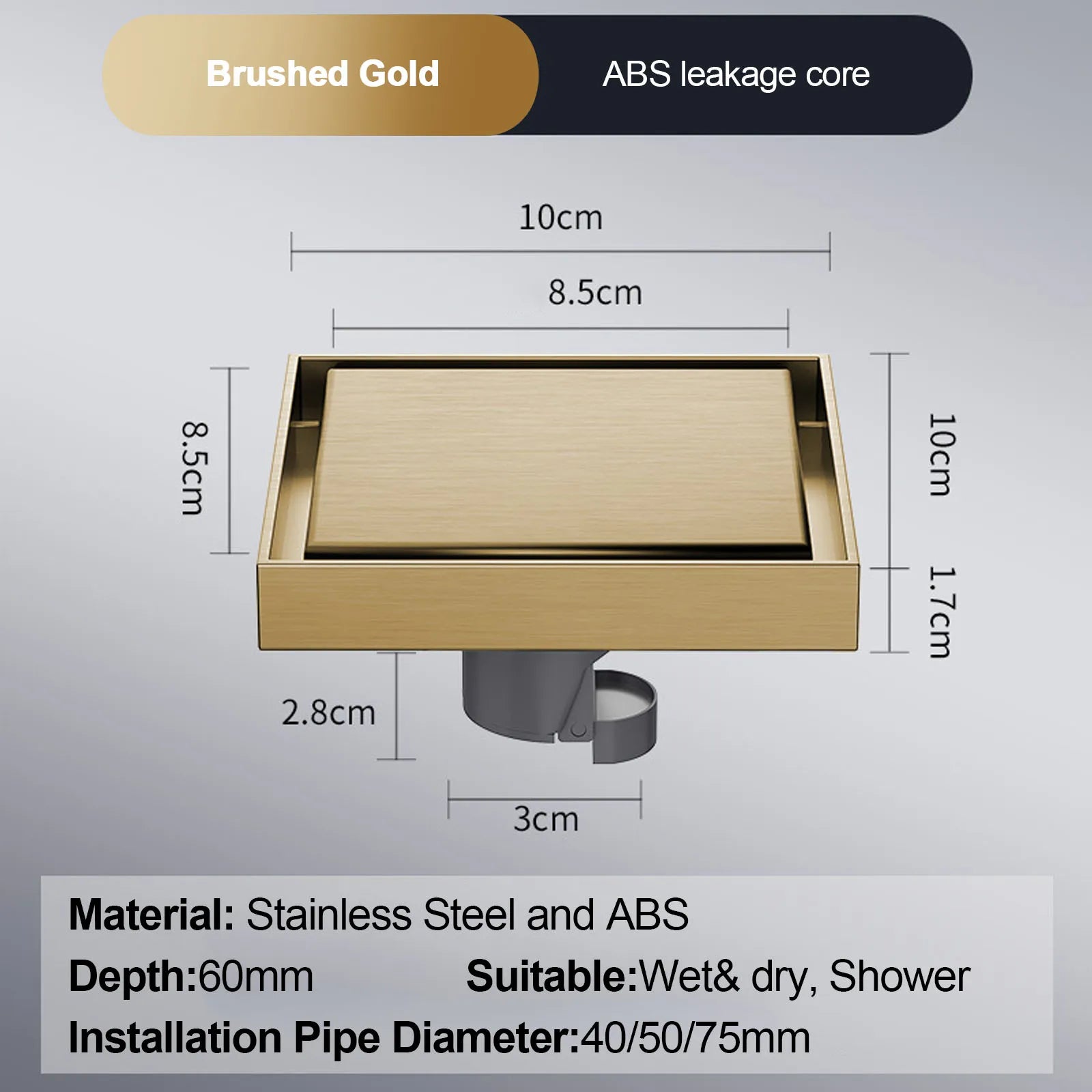 Bonde de Douche Carrée 10x10 cm Anti-Retour