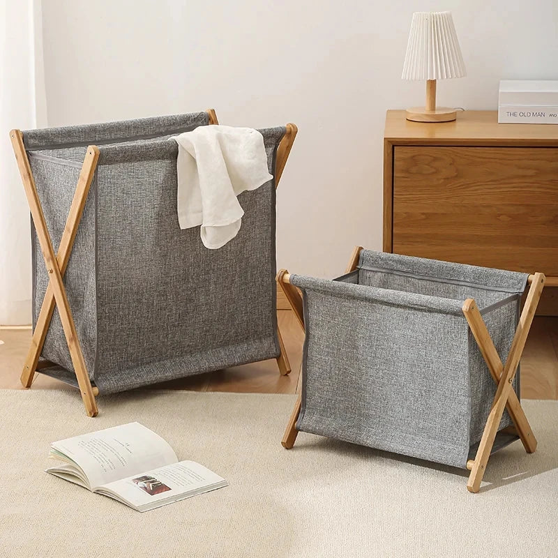 Panier à Linge Pliable Cadre Bois et Tissu – 3 Coloris