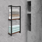 Porte-serviettes mural avec étagères en acier et bois | Rangement salle de bain moderne