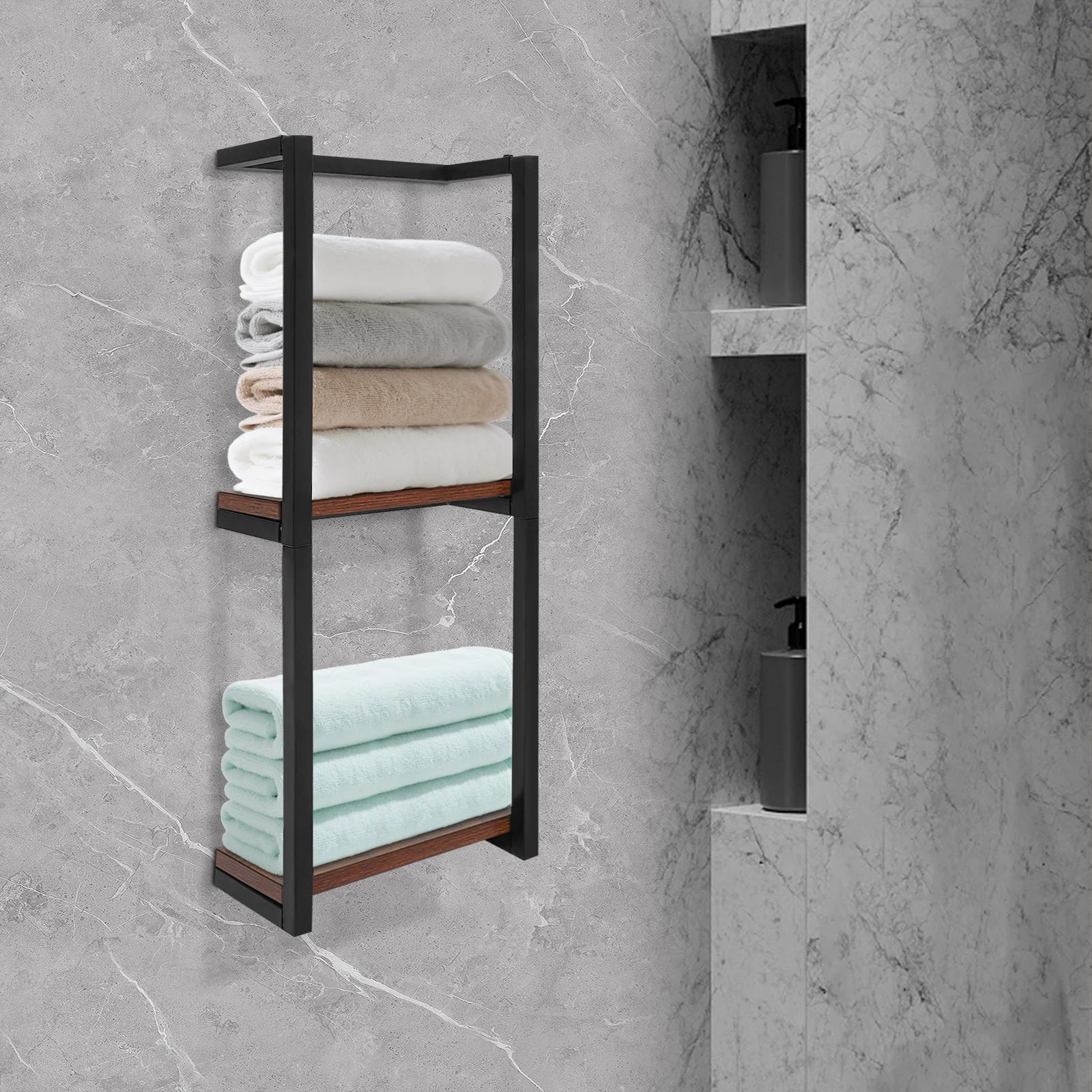 Porte-serviettes mural avec étagères en acier et bois | Rangement salle de bain moderne