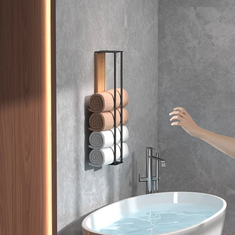 Porte-serviettes mural modulable en bois et métal | Rangement serviettes salle de bain