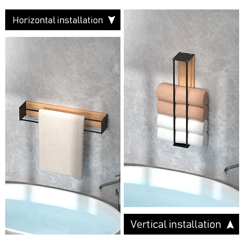 Porte-serviettes mural modulable en bois et métal | Rangement serviettes salle de bain