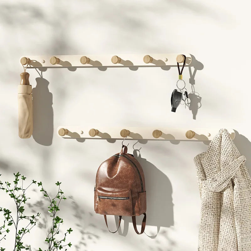 Porte-serviettes mural en acier et bois | Rail à crochets pour salle de bain