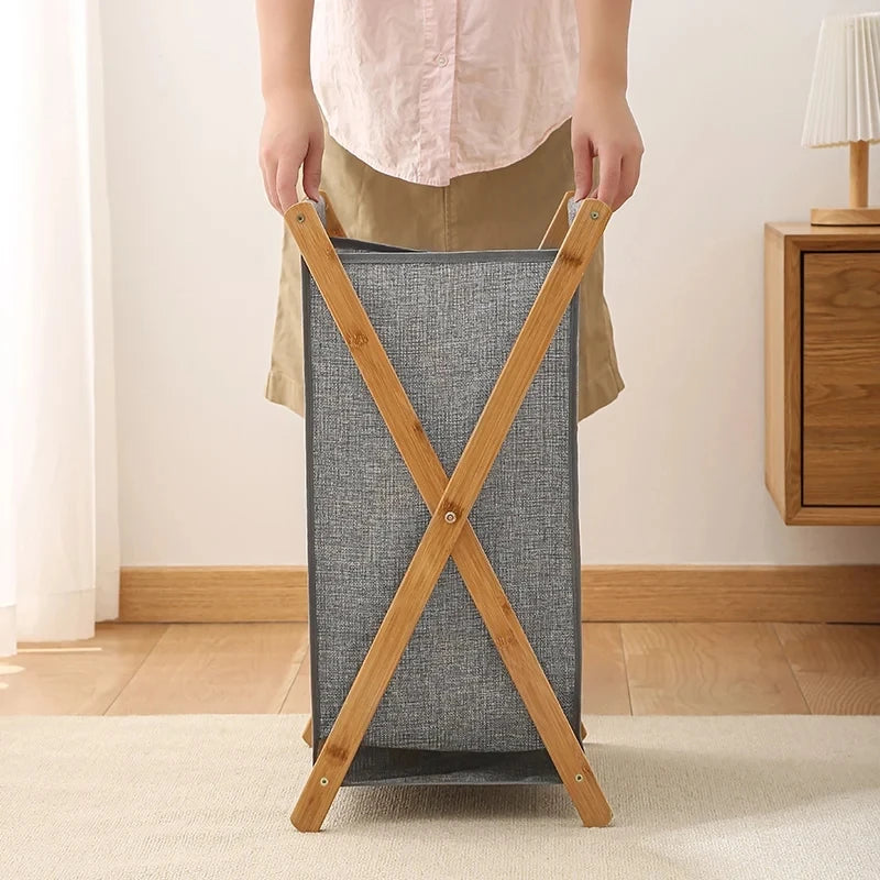 Panier à Linge Pliable Bois et Tissu