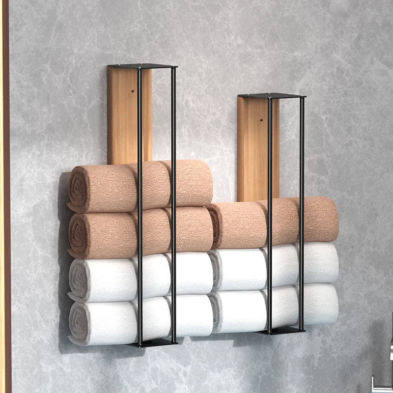 Porte-serviettes mural modulable en bois et métal | Rangement serviettes salle de bain