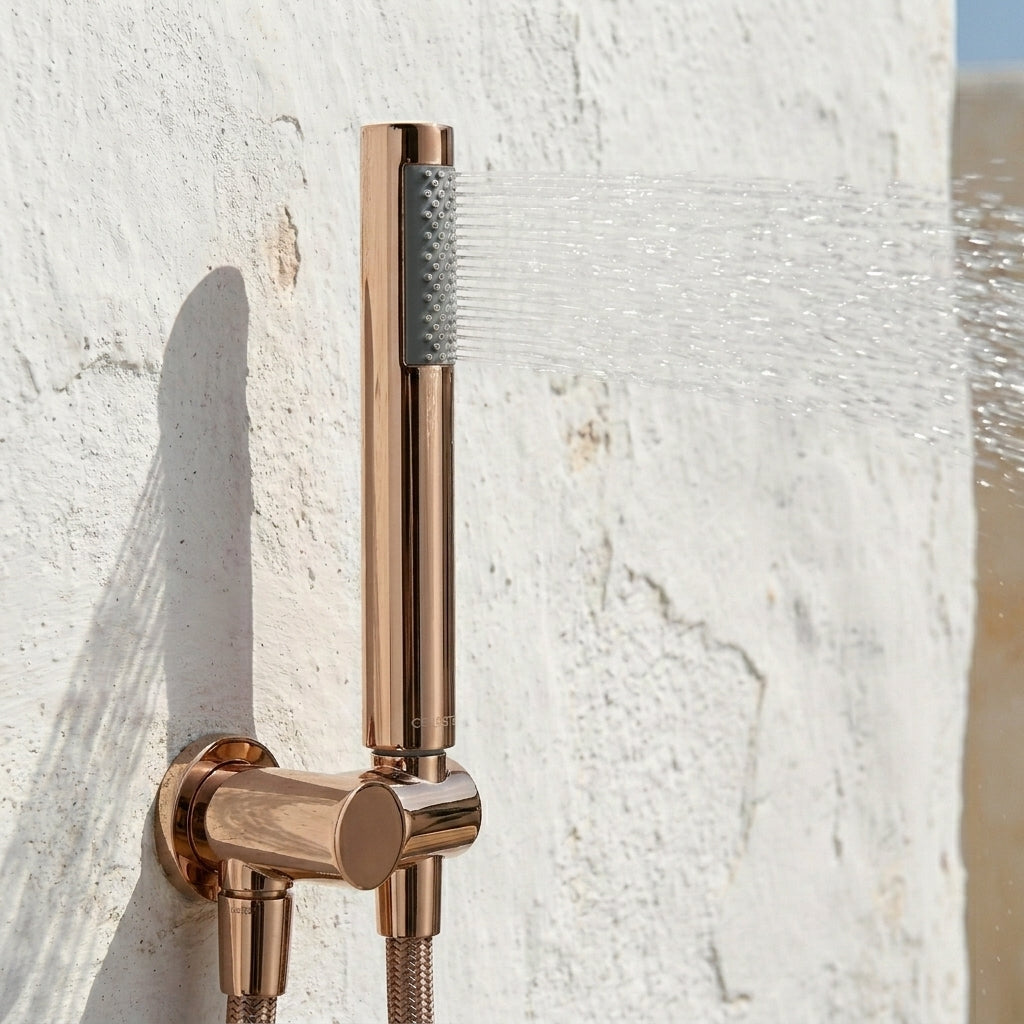 Colonne de Douche Encastrée Vael Or Rose Poli Laiton — Pommeau Pluie 250×250 mm