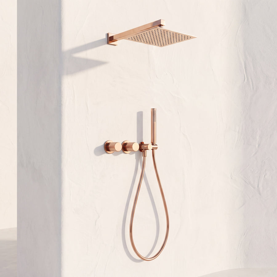 Colonne de Douche Encastrée Vael Or Rose Poli Laiton — Pommeau Pluie 250×250 mm