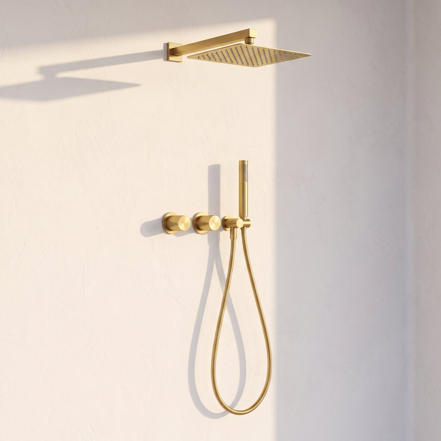 Colonne de Douche Encastrée Vael Or Brossé Laiton — Pommeau Pluie 250×250 mm