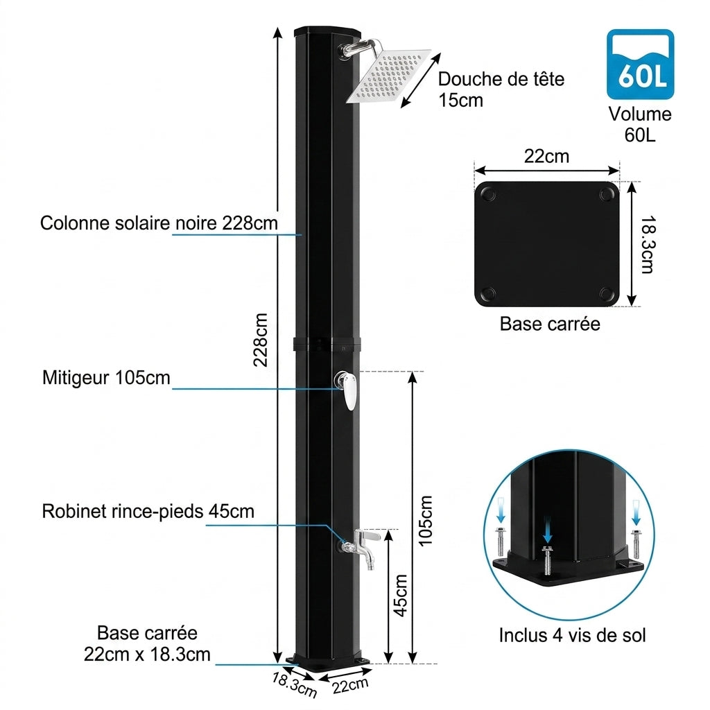 Douche Solaire Extérieure 60L Sur Pied