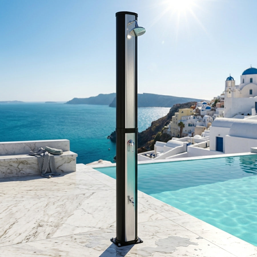 Douche Solaire Extérieure 40L — Pommeau Pluie 360°, Lave-Pieds, Mitigeur