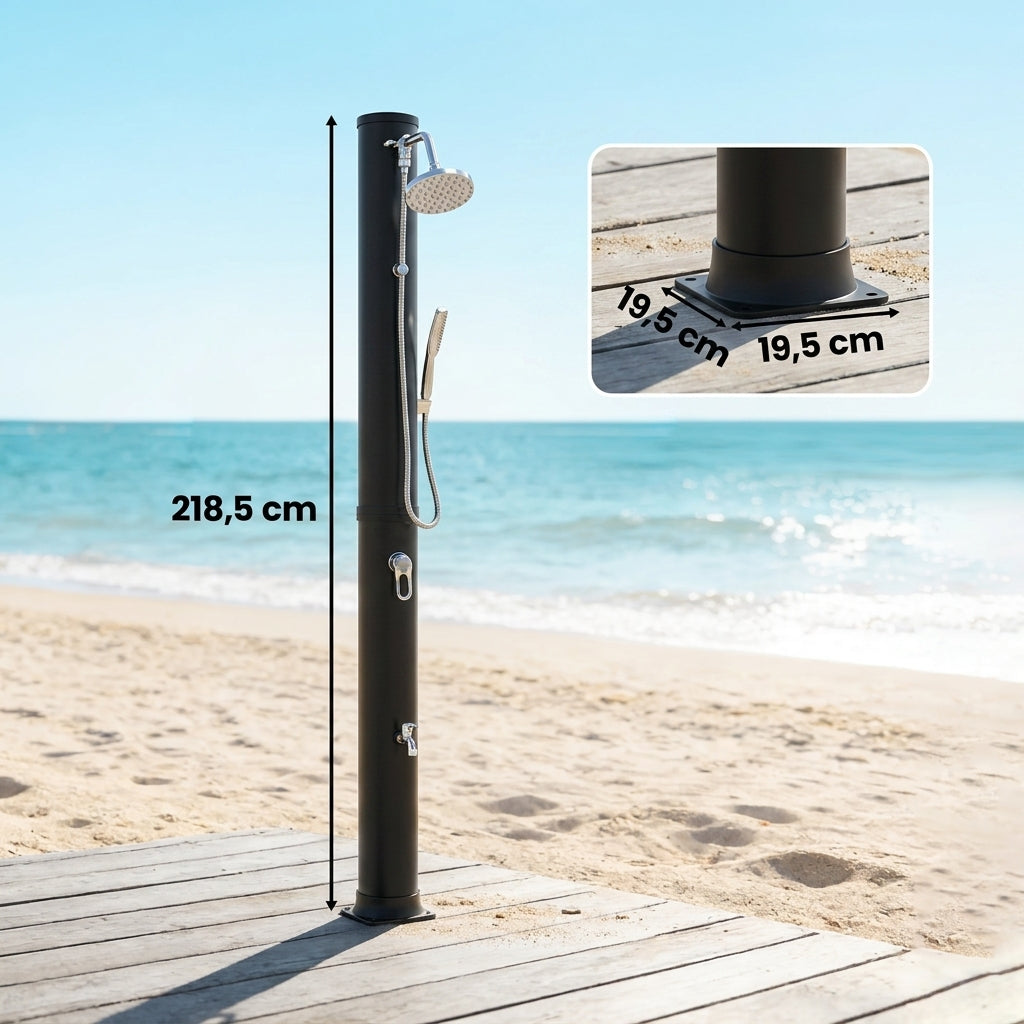Douche Solaire de Jardin 40L Noire — Douchette, Rince-Pieds et Température Réglable