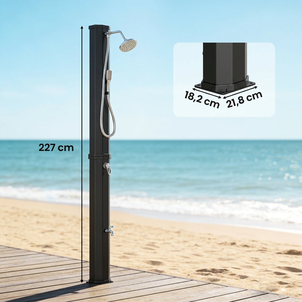 Douche Solaire de Jardin 60L Noire — Douchette, Rince-Pieds et Température Réglable