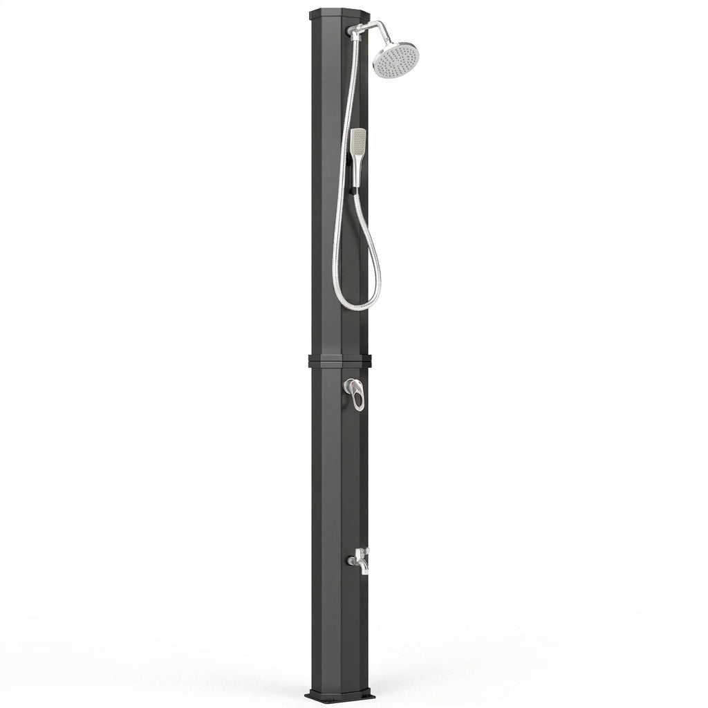 Douche Solaire de Jardin 60L Noire — Douchette, Rince-Pieds et Température Réglable