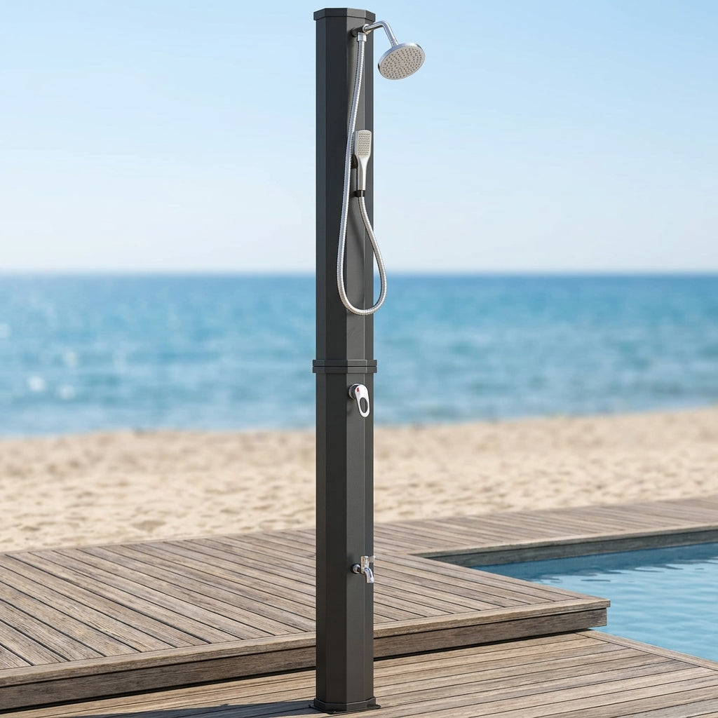 Douche Solaire de Jardin 60L Noire — Douchette, Rince-Pieds et Température Réglable